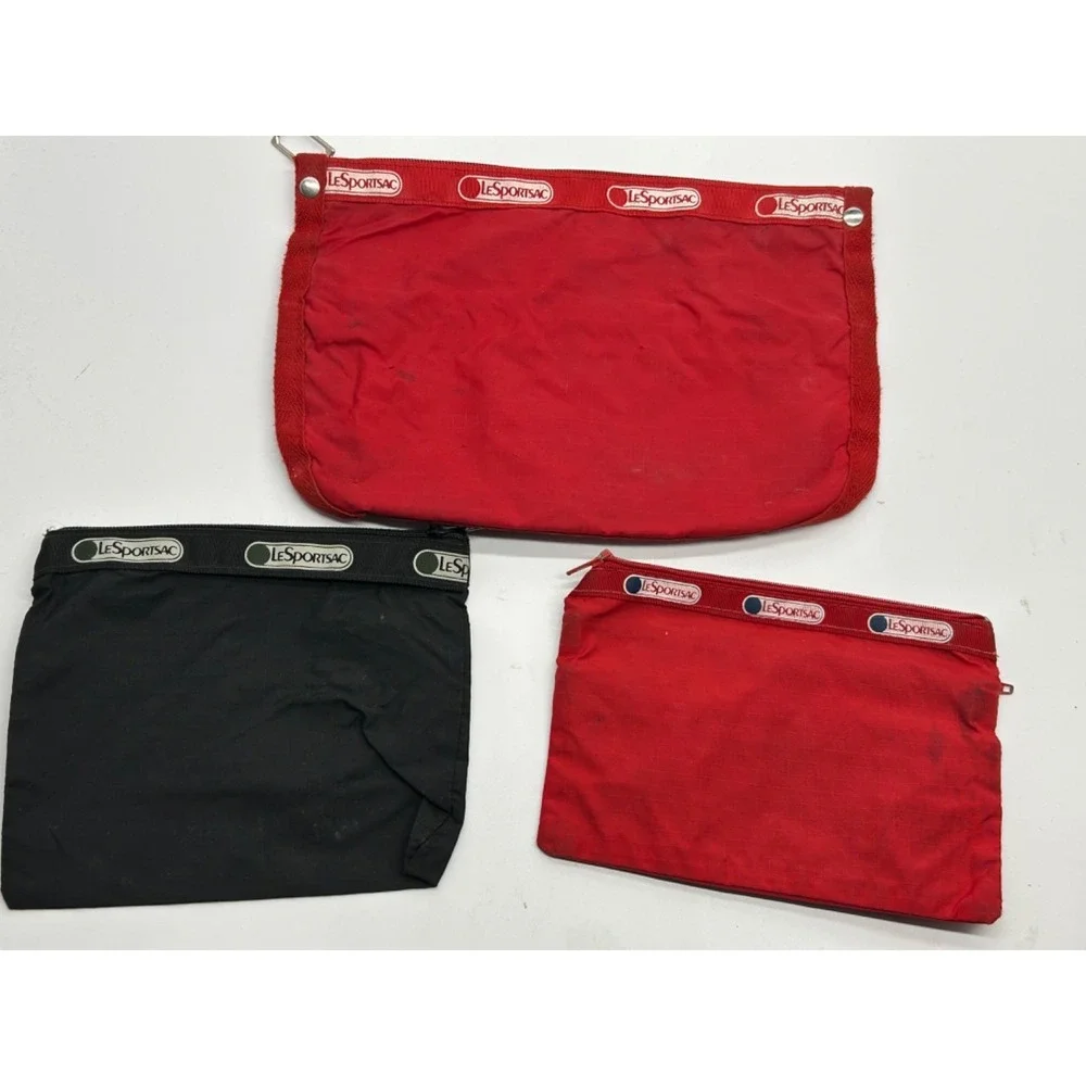 Vtg Lot of 3 Le Sportsac Black Red Cosmetic‎ Toiletry Accessory Nylon Bags USA